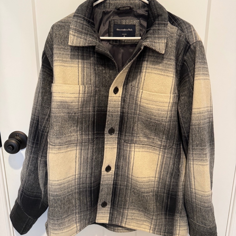 Abercrombie Shirt Jacket - Grey and Cream Flannel - Medium